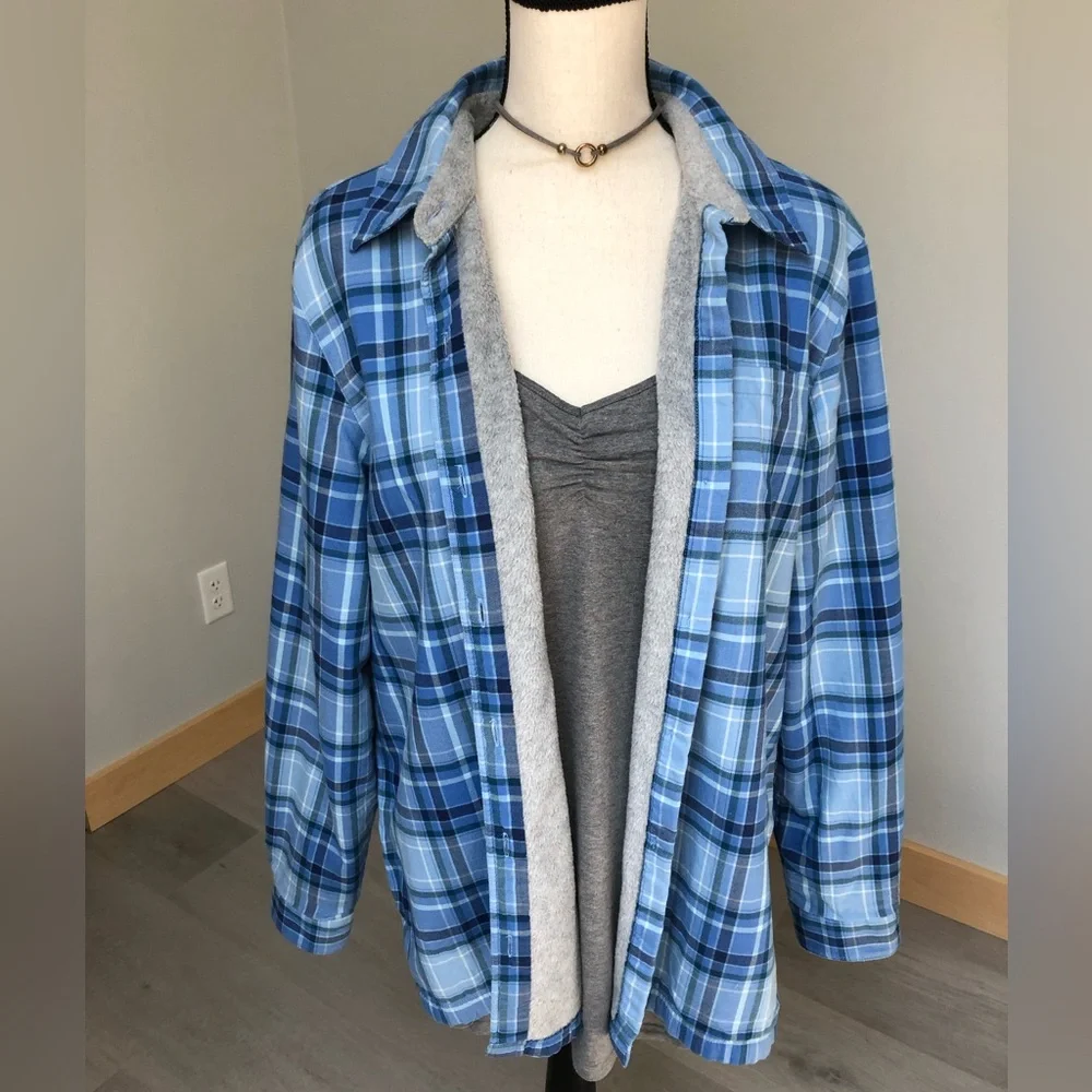 L.L.Bean Blue Plaid Fleece Lined Flannel Shacket Size Large - Picture 3 of 10